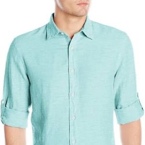 💙💚Perry Ellis Linen Blend Blue-Green Roll Sleeve Button Down Sz M